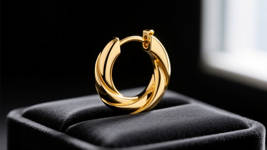 Macro shot of a 14k yellow gold huggie hoop earring with a hinged clicker closure resting on a dark velvet jewelry display pad.