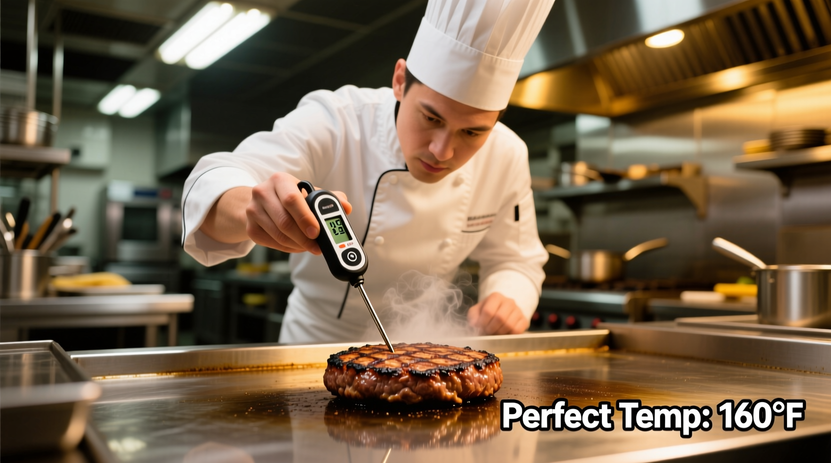 Professional chef checking hamburger temperature with thermometer