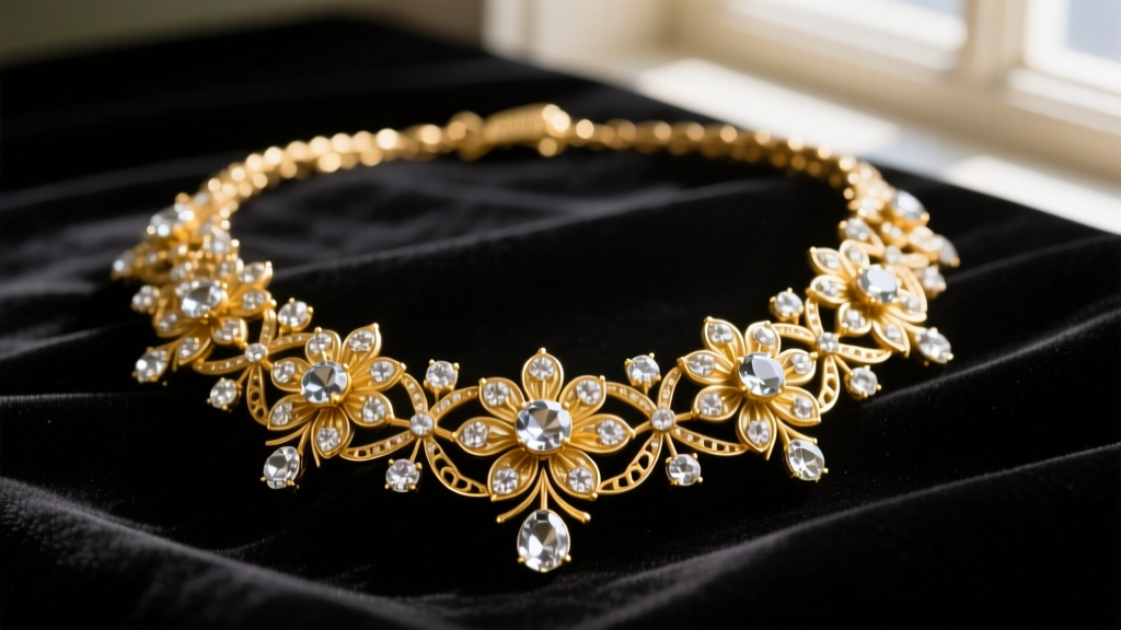 Close-up of a vintage 1950s Goldette necklace with intricate gold-plated floral motifs and clear glass rhinestones on dark velvet.