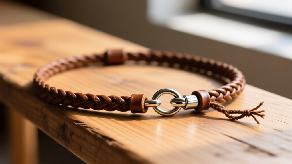 Close-up of a worn 4mm braided brown leather necklace with a frayed end near a silver lobster clasp on a rustic wooden bench.