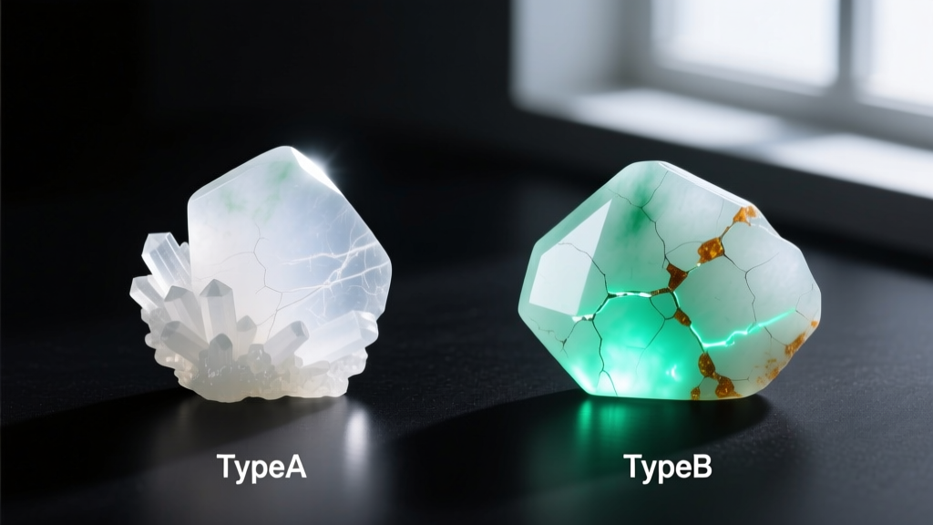 Side-by-side gemological comparison of untreated Type A white jadeite and acid-bleached Type B jadeite under UV light