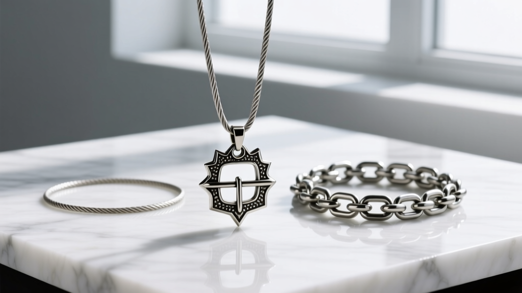 Comparison of a thin cable chain and a sturdy rolo chain holding a heavy metal mini belt buckle pendant on a white marble surface