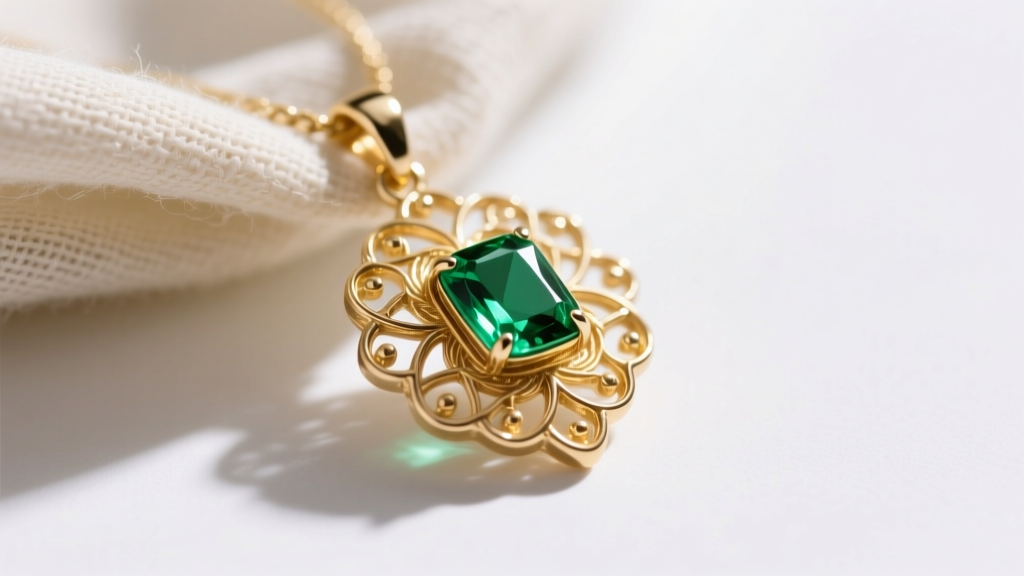 Soft cloth wiping the intricate gold-plated filigree of a replica pendant, carefully avoiding the central green gemstone.