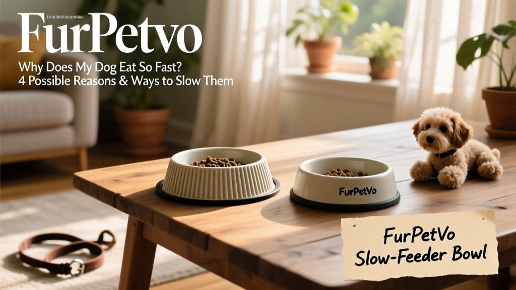 Side-by-side comparison of a standard dog bowl and a FurPetVo slow-feeder bowl with textured surface