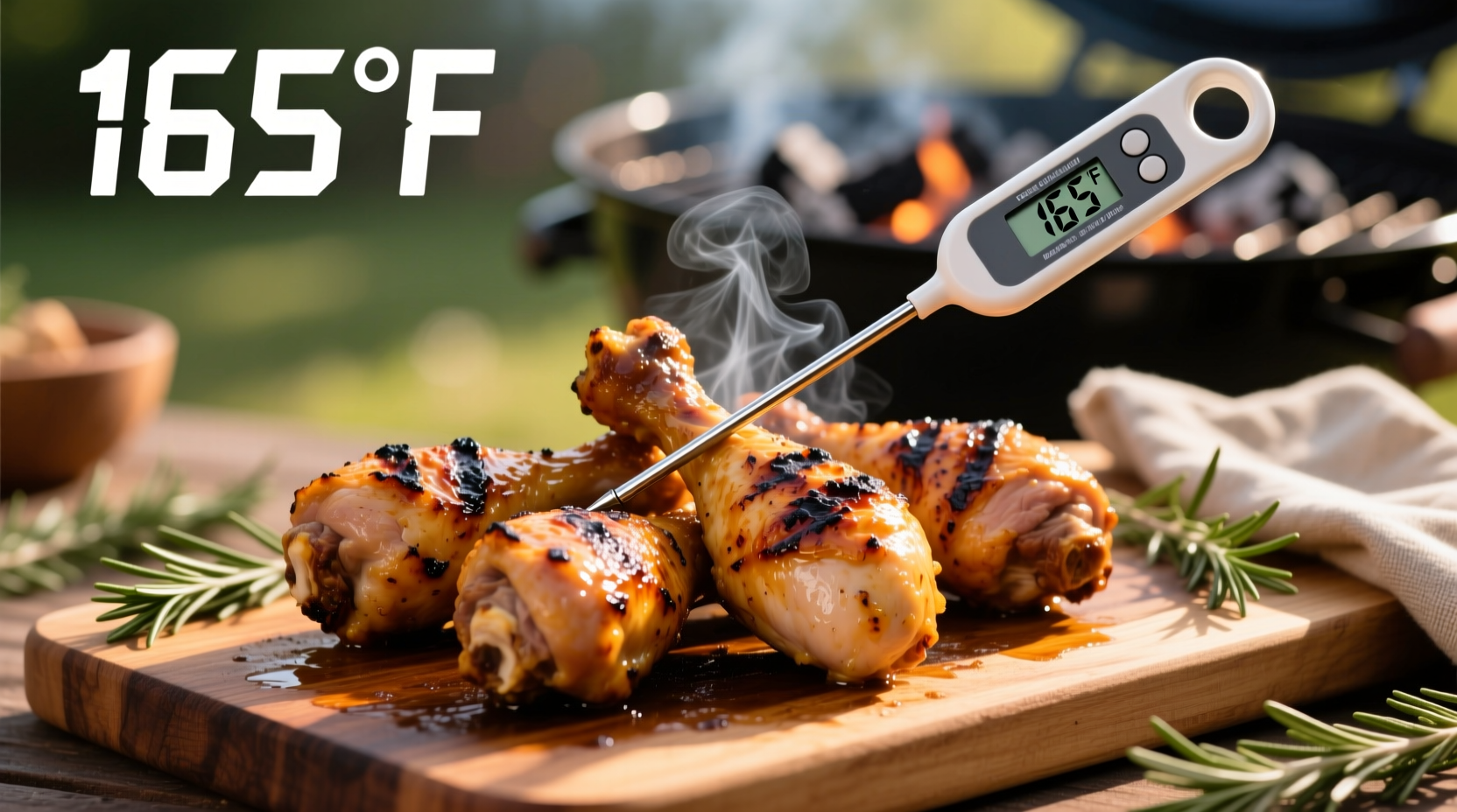 Grilled chicken drumsticks with thermometer