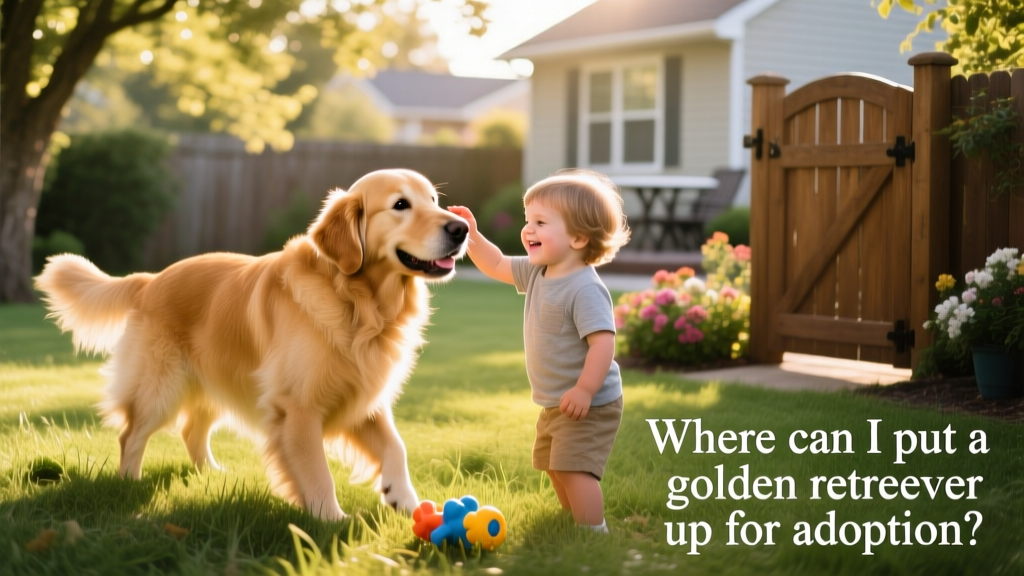 Golden Retriever playing gently with a child in a sunlit backyard, both relaxed and happy