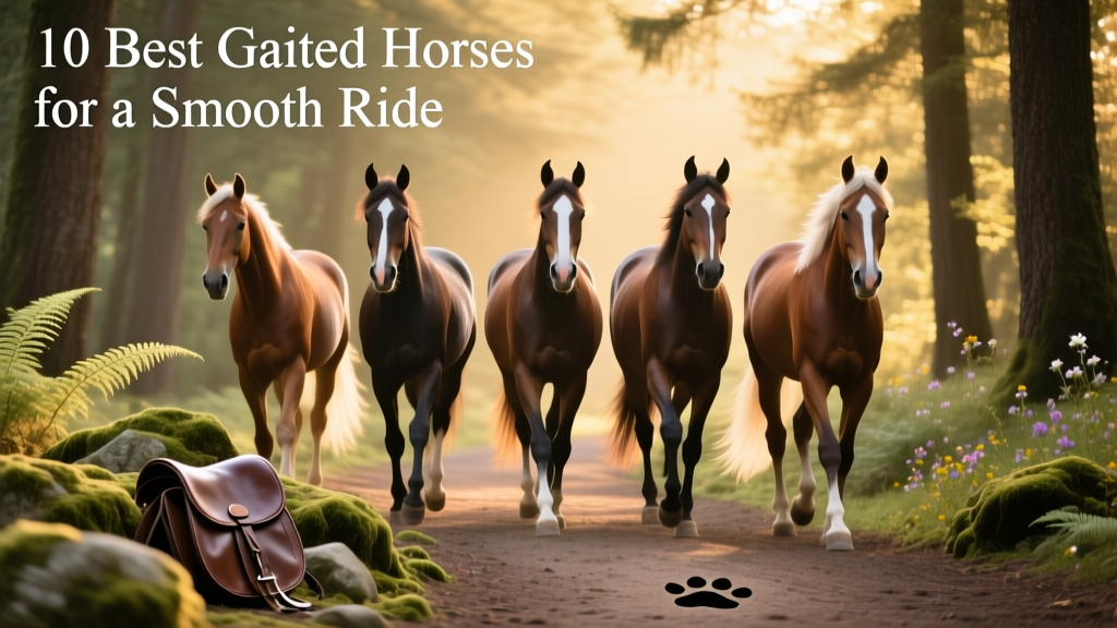 A group of gaited horses walking calmly on a forest trail