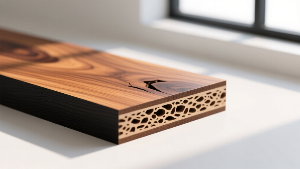 Macro photo of laser-cut MDF wood grain next to solid black walnut, highlighting porous texture and synthetic veneer edges