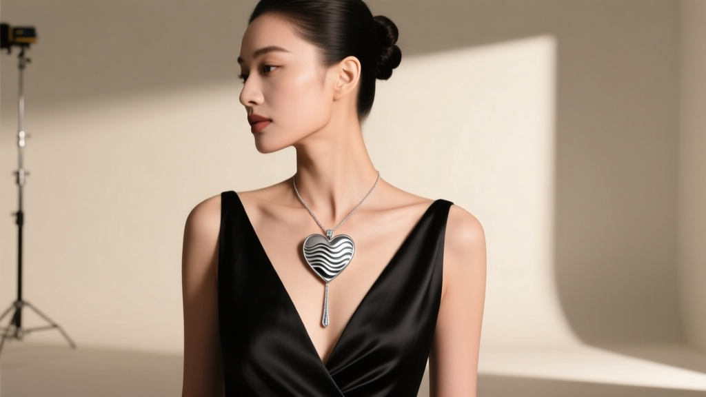 Woman wearing a sterling silver heart of ocean necklace with a deep V-neck evening gown, showcasing the pendant drop length
