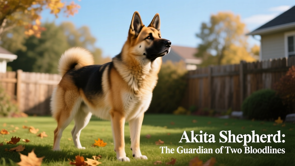 A confident, well-groomed Akita Shepherd standing alert outdoors