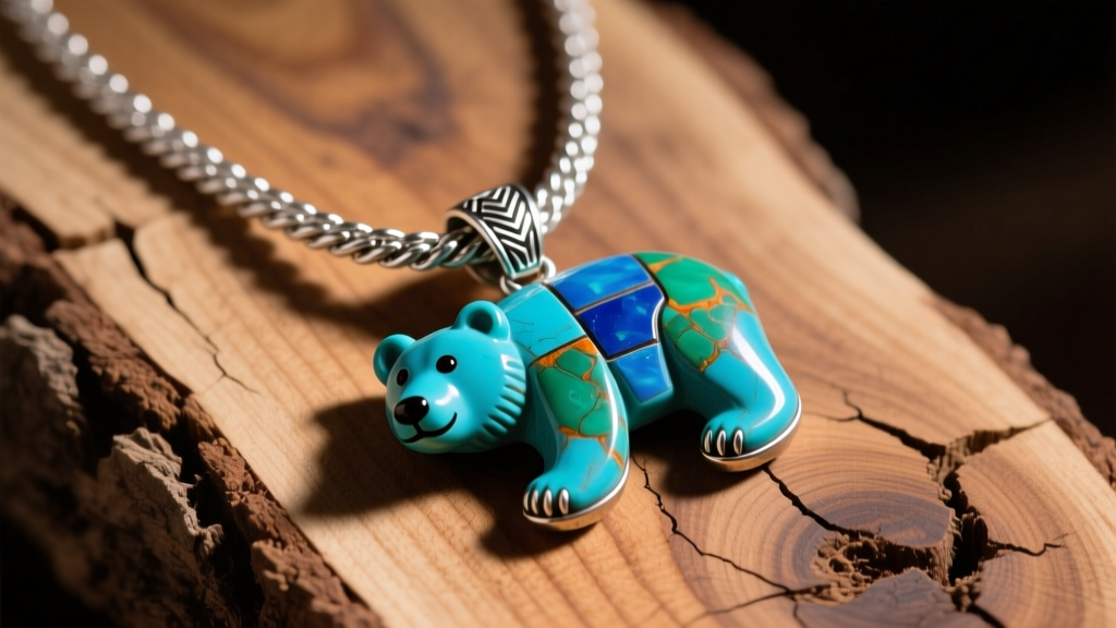 Close-up of a genuine Zuni carved turquoise bear fetish necklace on a sterling silver rope chain, resting on weathered cedar wood.