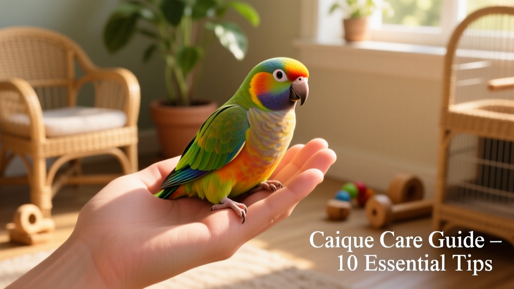 A gentle hand holding a caique upright and securely while the bird rests comfortably on open palms, showing relaxed posture and soft eye expression