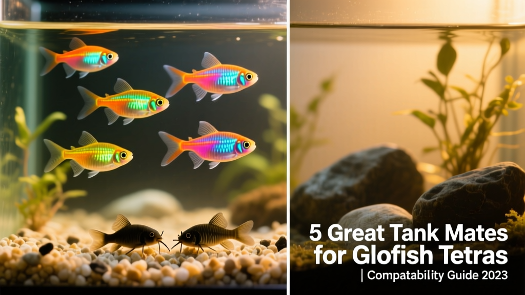 Side-by-side comparison showing Glofish Tetras swimming mid-tank while Pygmy Corydoras forage peacefully on the substrate below