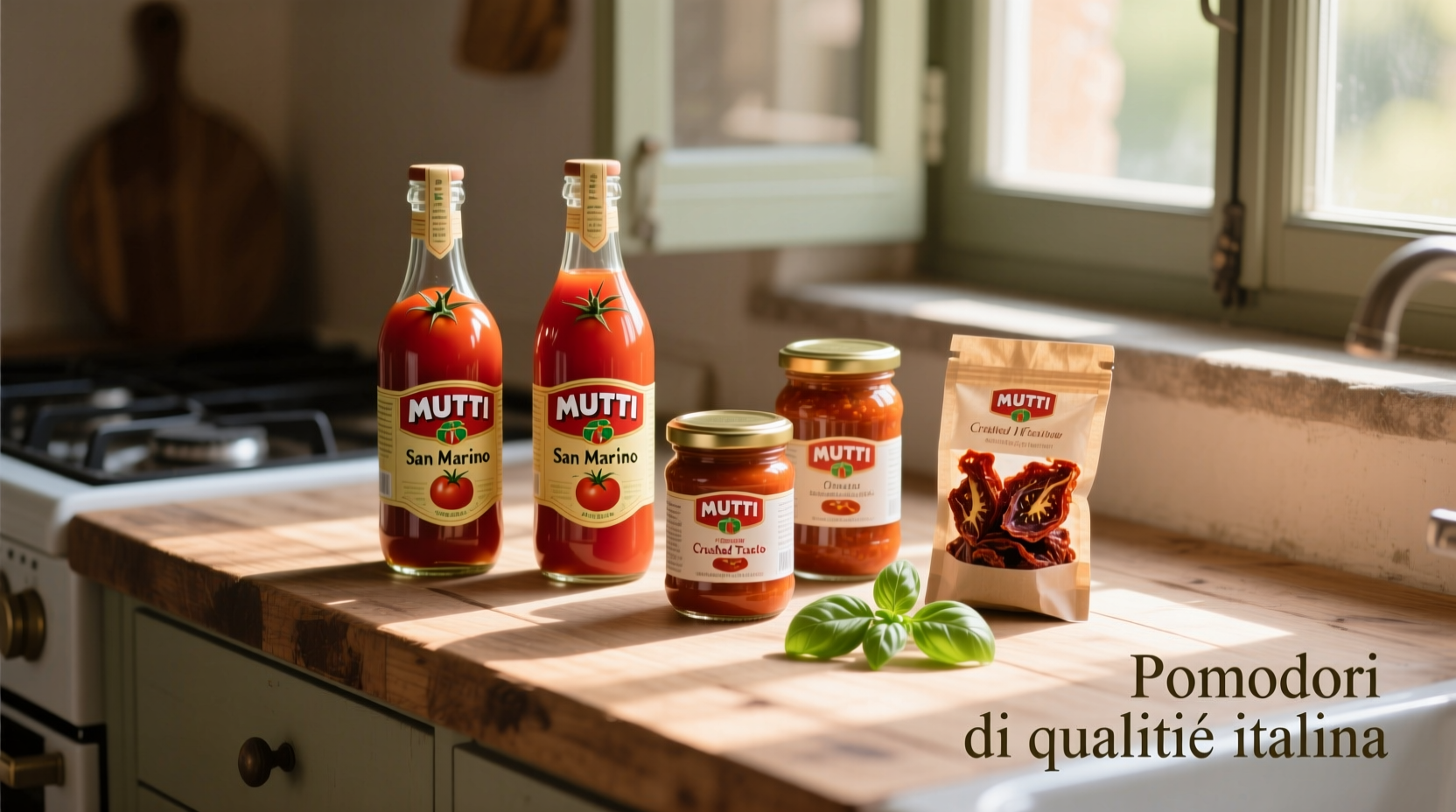 Mutti tomato products arranged on kitchen counter
