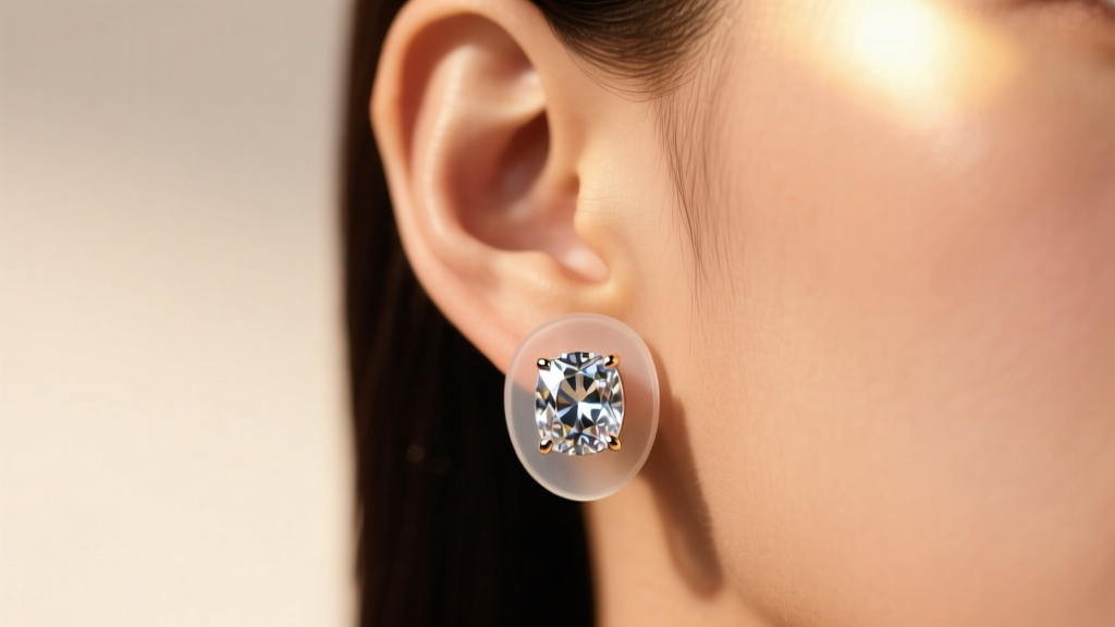 Close-up of an earlobe wearing a heavy gemstone earring supported by a clear silicone lifter patch under soft, warm studio light.