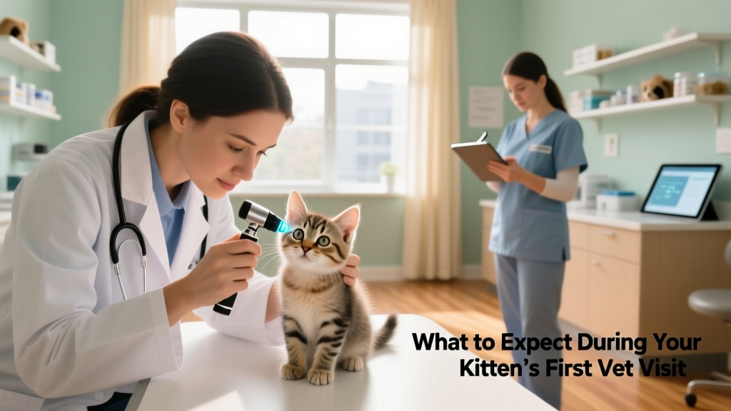 A veterinarian gently examining a kitten’s eyes and ears while a technician records notes on a tablet