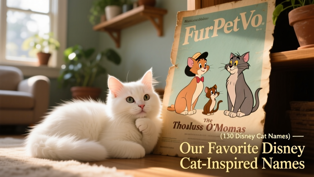 A fluffy white kitten curled up next to a vintage-style FurPetVo poster featuring Marie, Toulouse, and Thomas O'Malley from The Aristocats