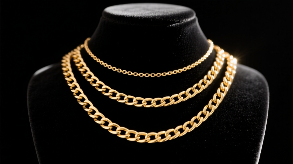Three layered gold chains of varying gauges resting on a black velvet bust, demonstrating precise 1.5-inch spacing and link textures