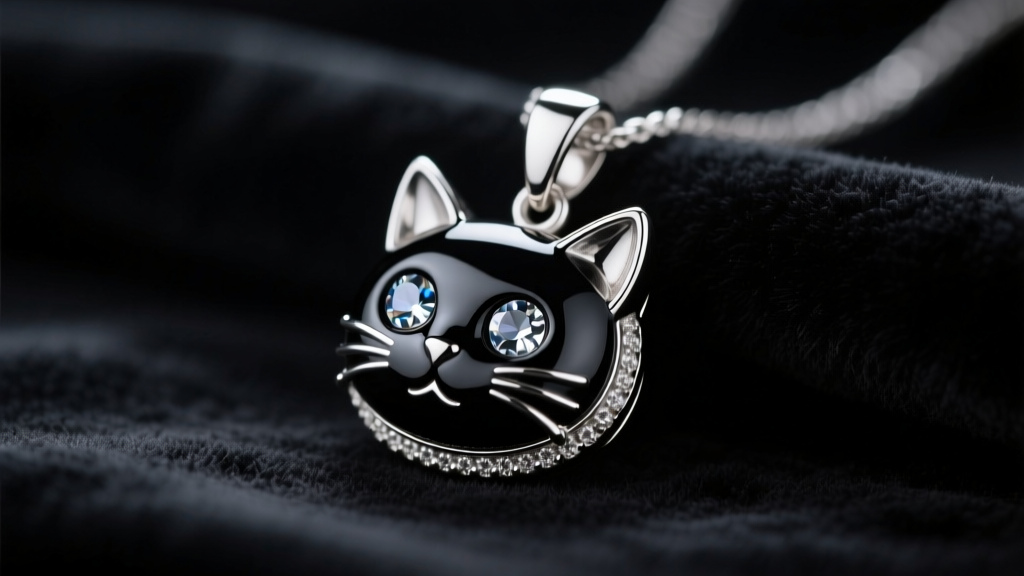 Macro shot of sterling silver black cat pendant with glossy button eyes on dark velvet surface with moody atmospheric lighting