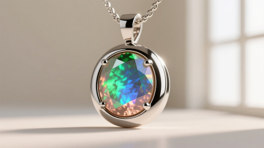 Close-up of a bezel-set rainbow moonstone necklace pendant showing the smooth metal rim protecting the gemstone edges from impact
