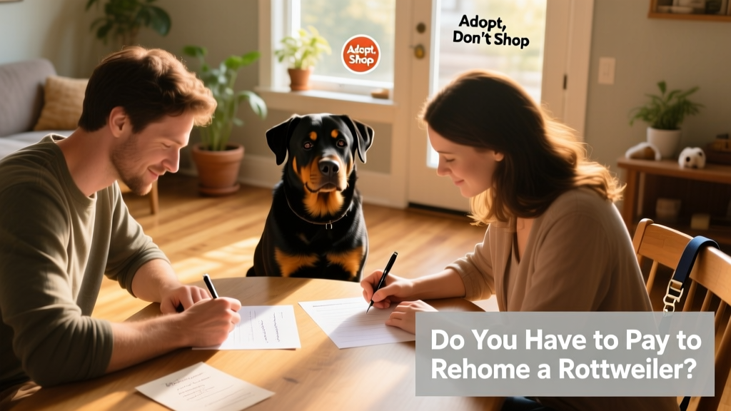 Two people signing a rehoming agreement while a Rottweiler sits calmly between them