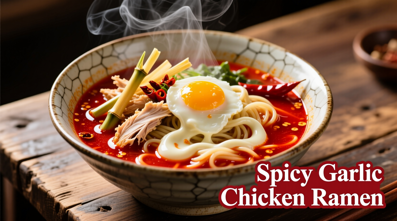 Fiery chicken ramen with creamy garlic sauce in bowl