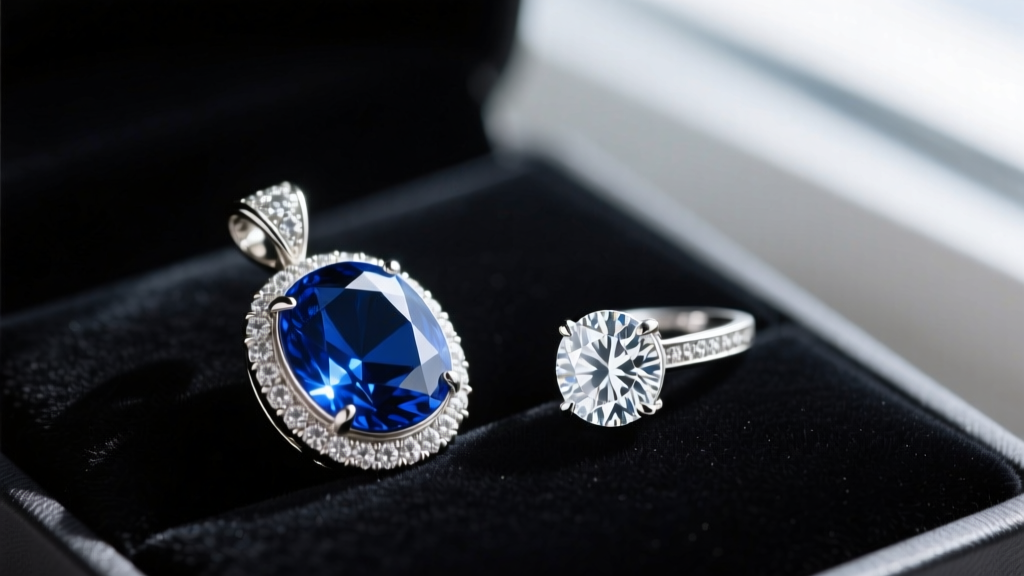 Macro shot of a full bezel sapphire pendant and a half bezel diamond pendant side by side on a dark velvet jewelry display pad