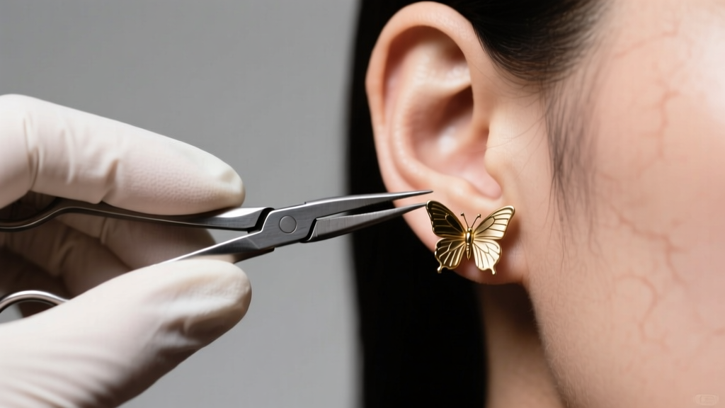 Close-up of gloved hands using fine pliers to grip a stuck brass butterfly earring back on an earlobe, clinical light.