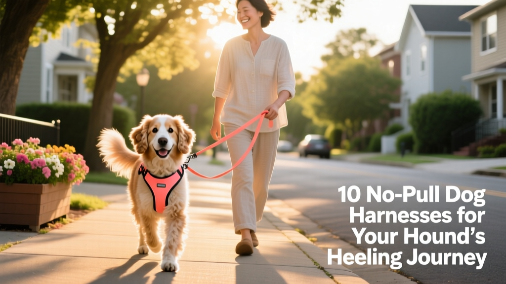 A happy medium-sized dog walking calmly beside its owner on a sunny sidewalk, wearing a no-pull harness