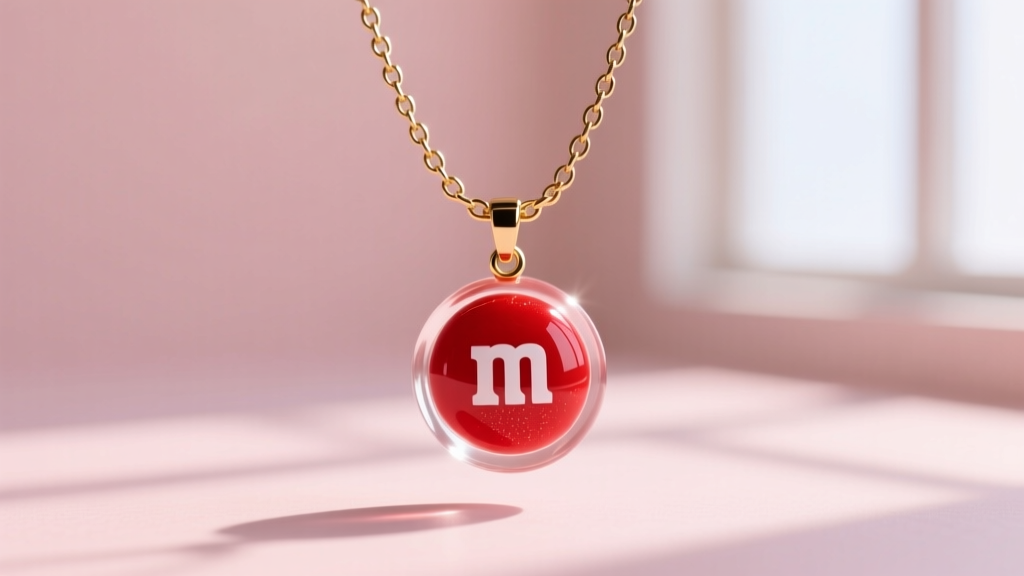 Glossy resin-encased red M&M pendant on a delicate gold-filled cable chain, photographed against a soft neutral pastel background.