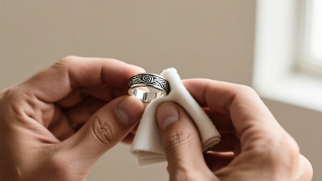 Hands using a microfiber cloth to gently clean a thick 925 sterling silver men