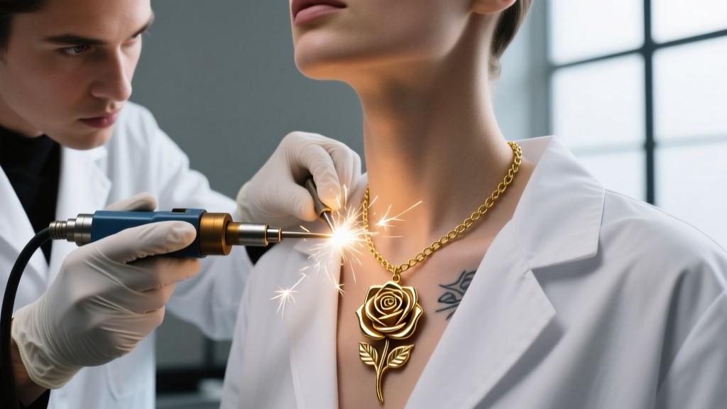Jeweler using an argon arc welder to fuse a 0.8mm gold chain link on a neck to create a seamless permanent rose necklace tattoo.