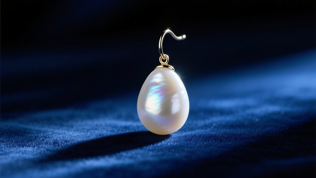 A glowing 14mm white South Sea teardrop pearl earring on dark blue velvet, mimicking Dutch Golden Age chiaroscuro lighting