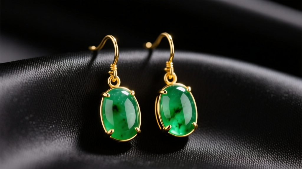 18k yellow gold drop earrings with vivid green jadeite cabochons resting on dark silk fabric under warm studio lighting