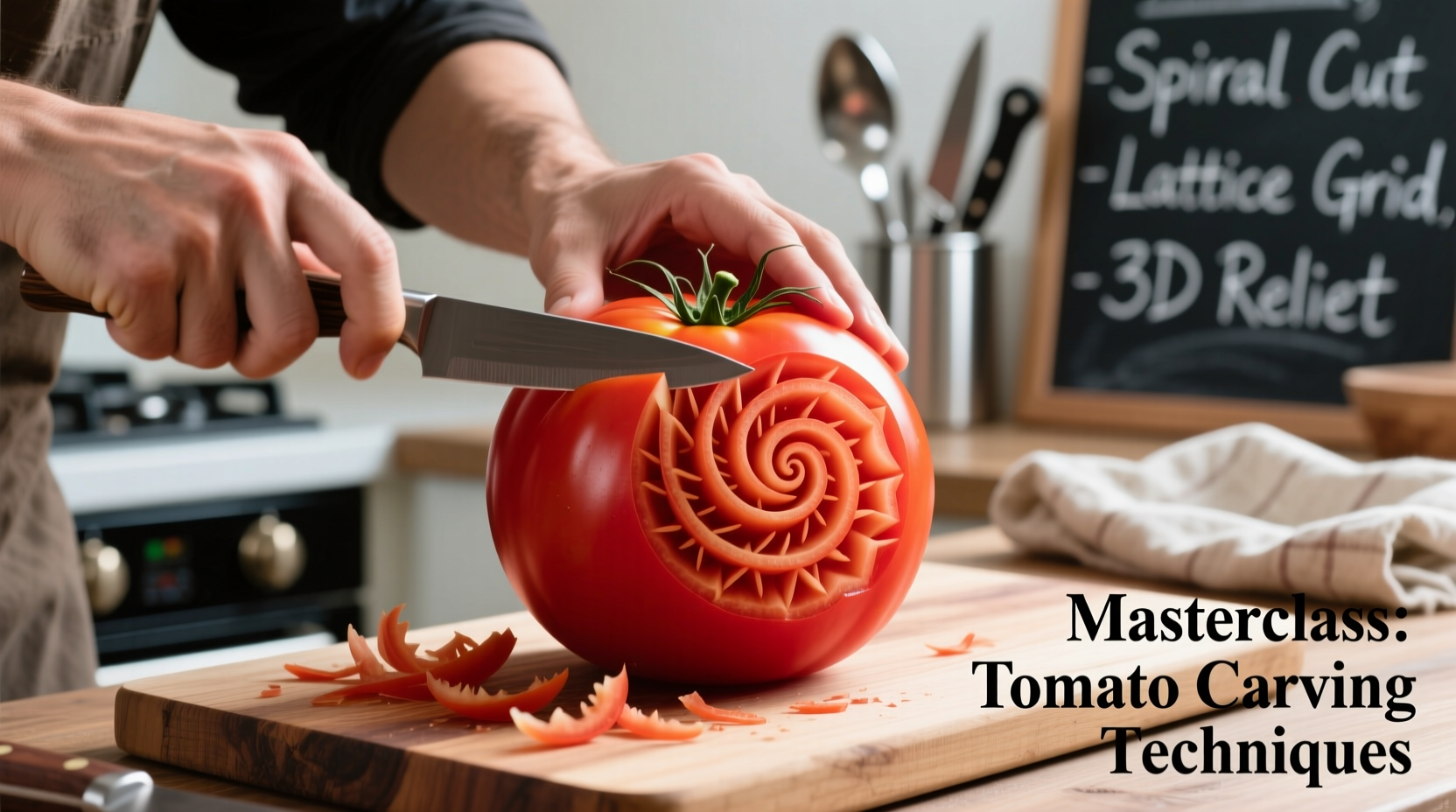 Professional tomato carving demonstration with various techniques