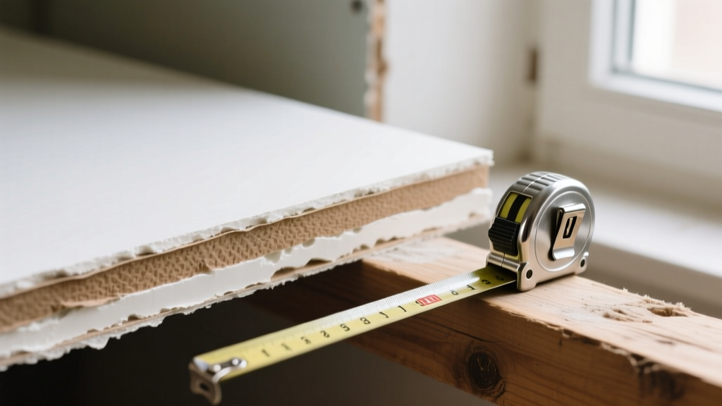 Cross-section of a gypsum board panel showing the white plaster core and brown paper backing next to a tape measure on a wooden framing stud