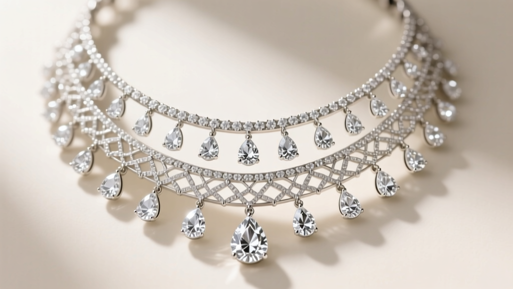 Macro photography of a multi-tiered diamond bib necklace featuring intricate silver filigree settings and pear-shaped diamond drops