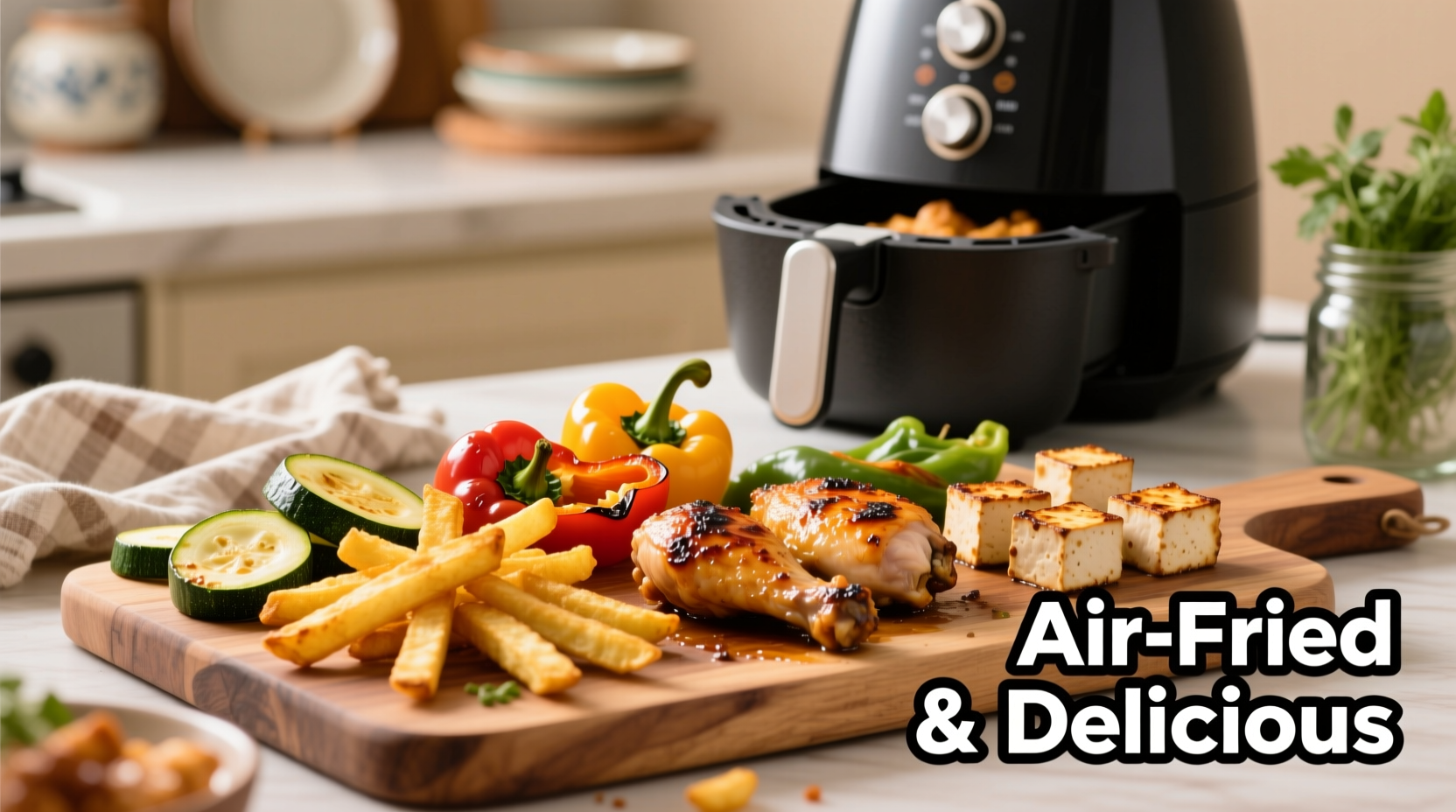 Variety of air-fried vegetables and proteins