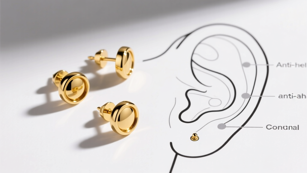 Top-down view of three gold bezel stud earrings beside an ear map, showing ideal placement for a curated cartilage ear project.