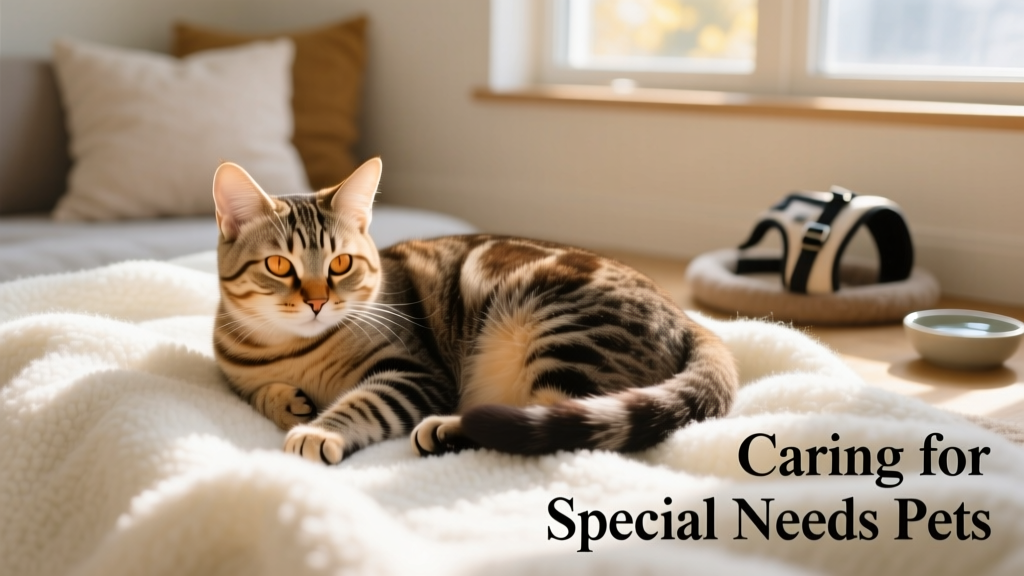 a blind tabby cat curled peacefully on a plush white wool blanket, relaxed and calm
