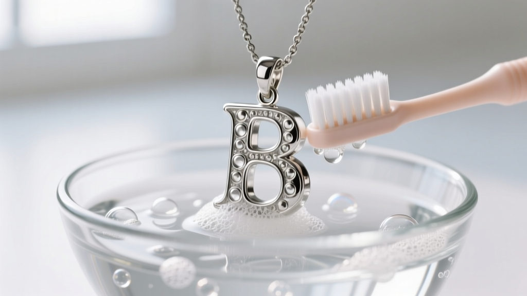 Soft baby toothbrush gently scrubbing the crevices of a silver bubble letter pendant submerged in mild soapy distilled water.