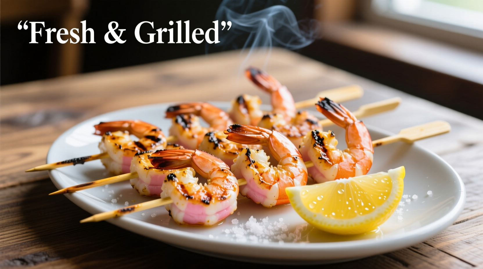 Perfectly grilled shrimp on skewers with lemon wedges