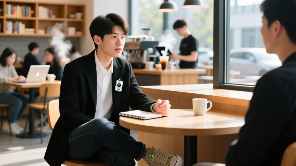 A journalism student wearing a discreet Plaud NotePin AI recorder on their lapel while conducting an interview in a busy campus coffee shop.