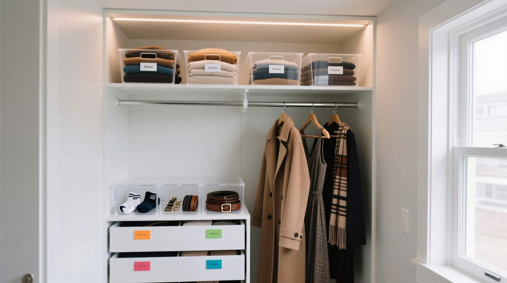 how to organize a small closet with double hanging rods and no space left over