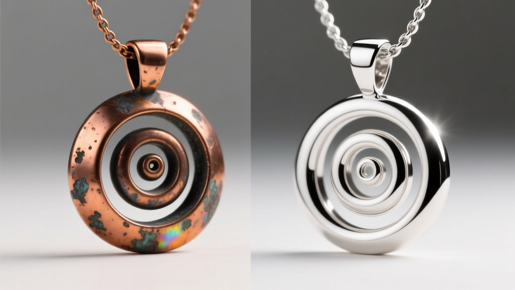 Side-by-side comparison of a tarnished copper-alloy spiral pendant and a bright Argentium spiral pendant under studio lighting