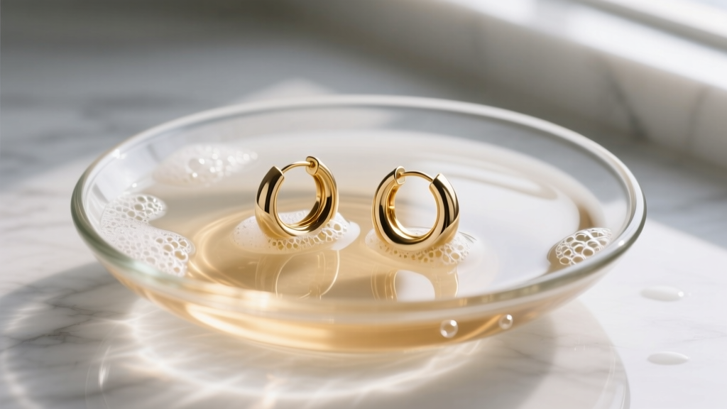 A glass dish with warm soapy water and stuck 14k white gold hoop earrings soaking to loosen dried skin and debris buildup safely.