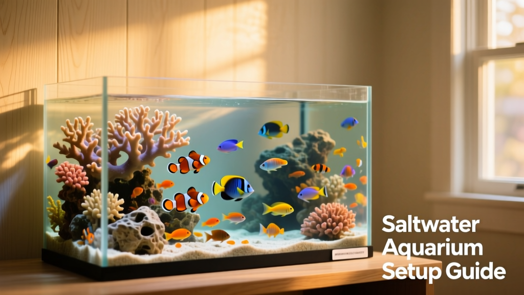 A well-lit, colorful saltwater aquarium with coral-like decorations and active fish swimming near live rock