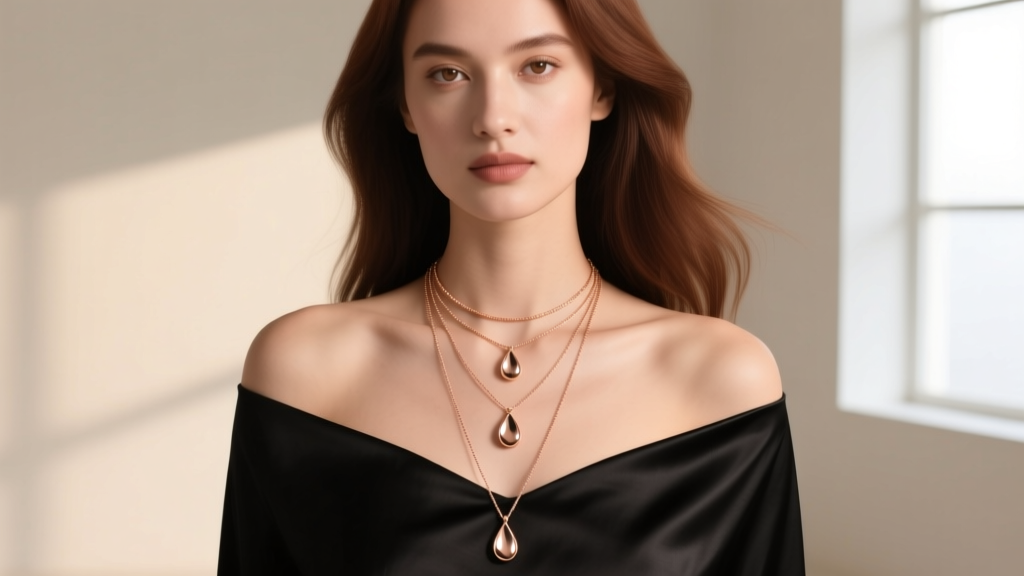 A model wearing an off-the-shoulder black top layered with three varying lengths of delicate rose gold water droplet necklaces.