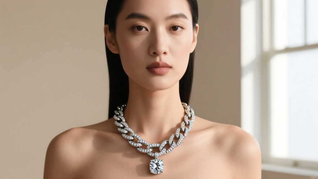 Model wearing a chunky oversized sterling silver chain necklace with a pavé diamond pendant against a minimalist beige backdrop.