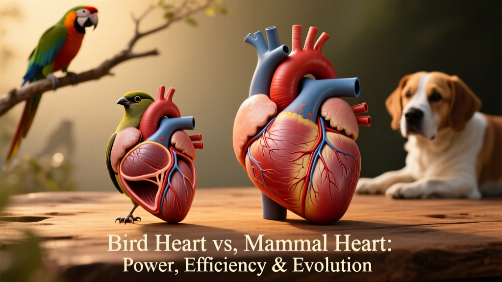 Side-by-side anatomical illustration comparing a bird's heart and a mammal's heart, highlighting size difference and chamber structure